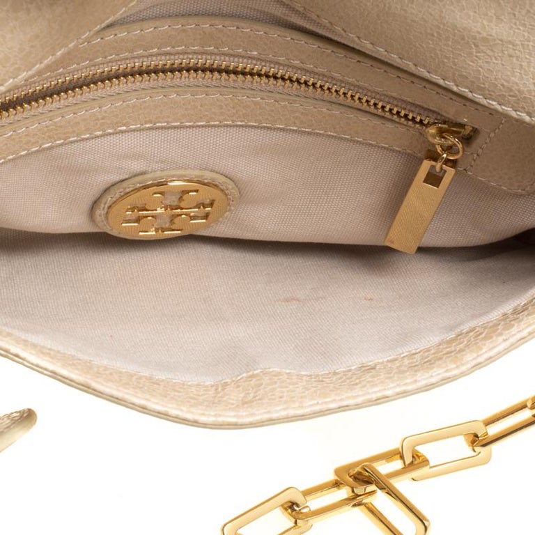 Tory Burch Beige Crackled Glace Leather Amanda Clutch For Sale at 1stDibs