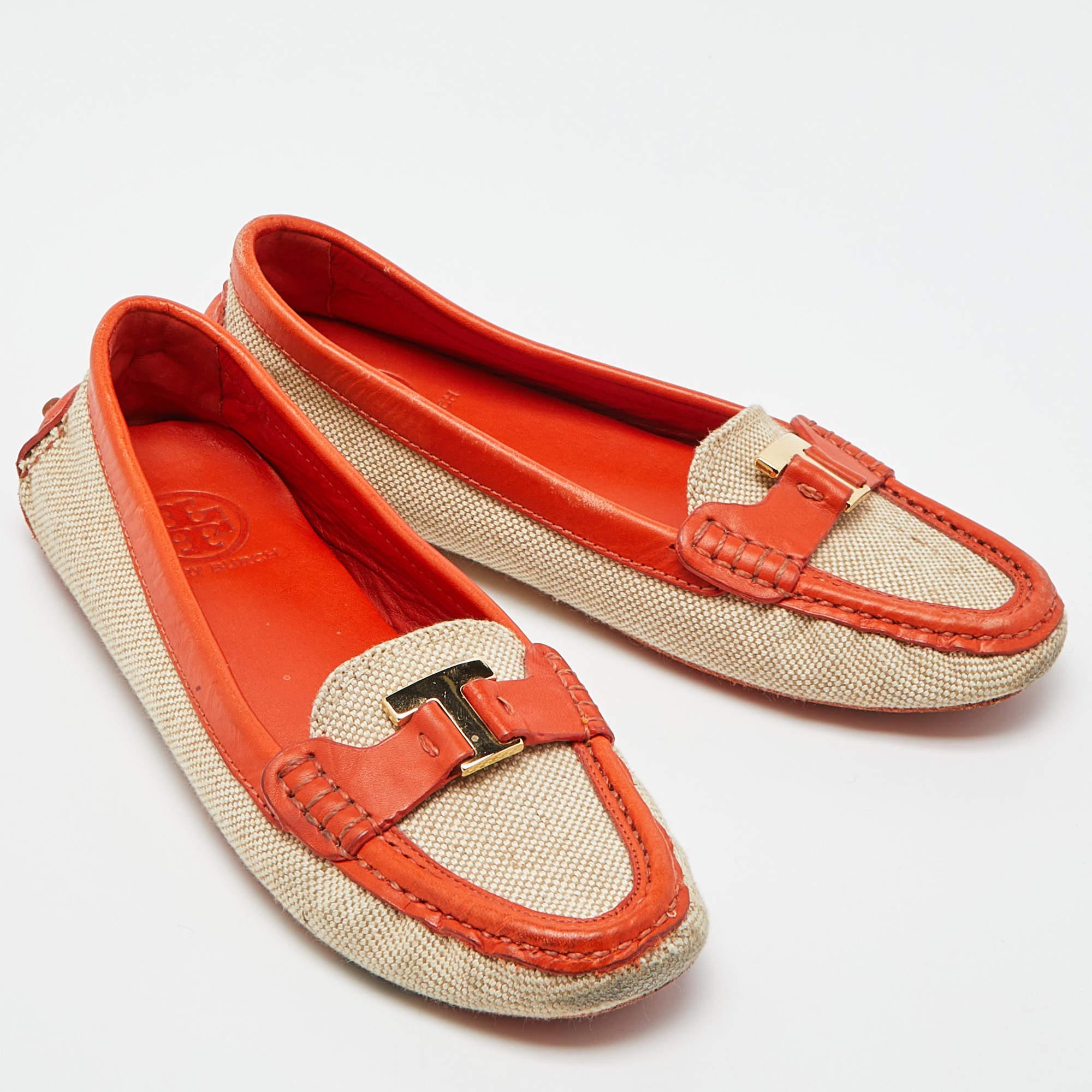 Women's Tory Burch Beige/Orange Canvas and Leather Casey Loafers Size 37.5 For Sale