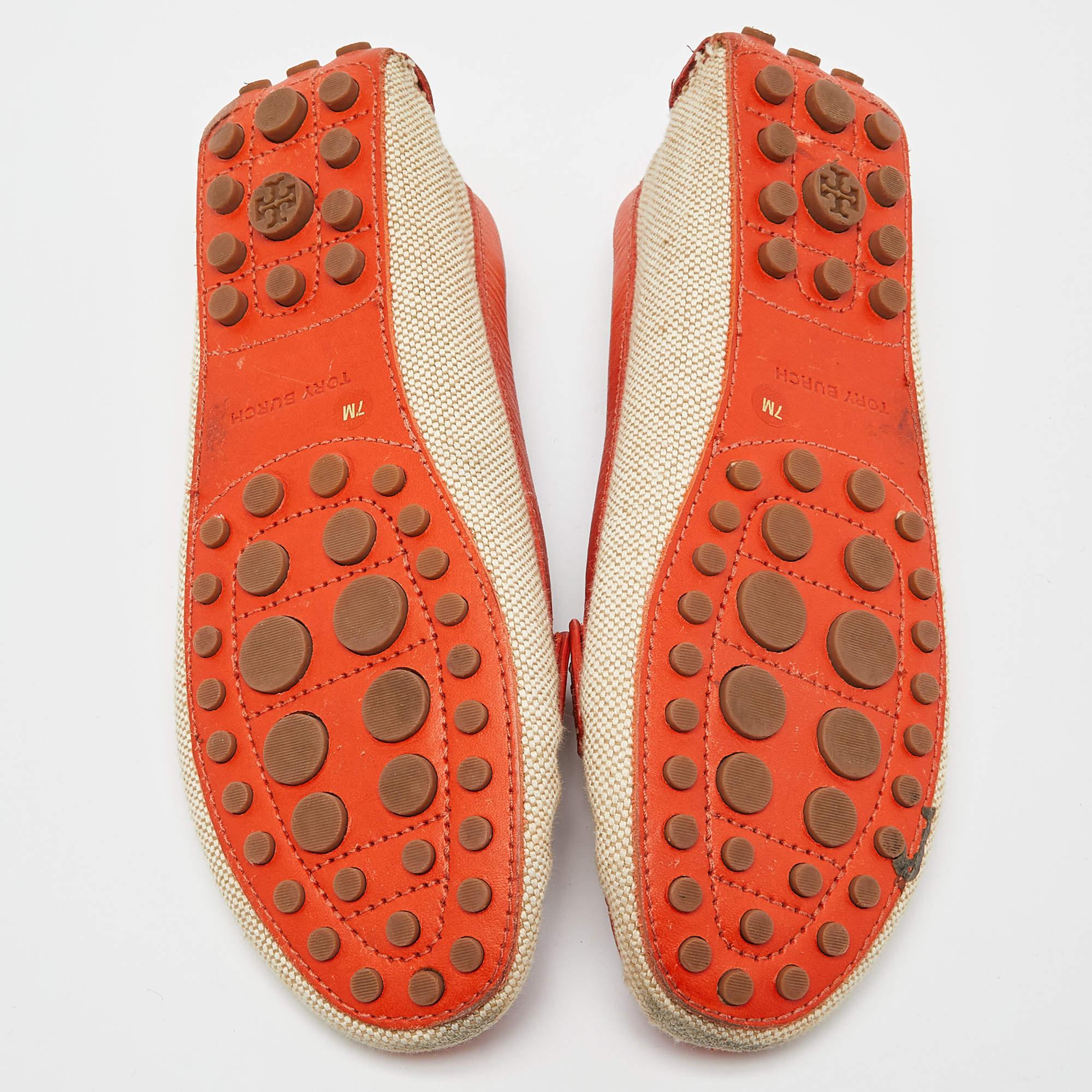 Tory Burch Beige/Orange Canvas and Leather Casey Loafers Size 37.5 For Sale 2