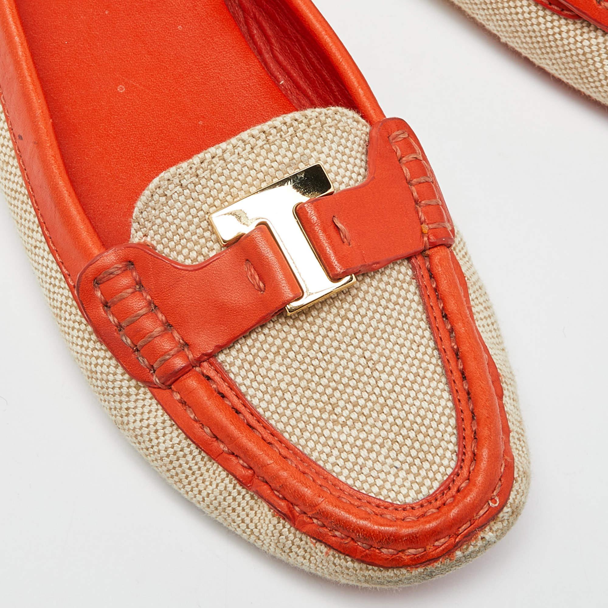 Tory Burch Beige/Orange Canvas and Leather Casey Loafers Size 37.5 For Sale 3
