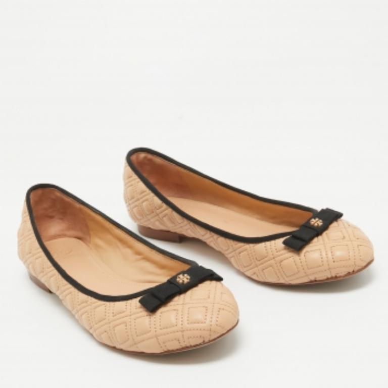 Tory Burch - Ballerines Marion en cuir matelassé beige, taille 39,5 Pour femmes en vente
