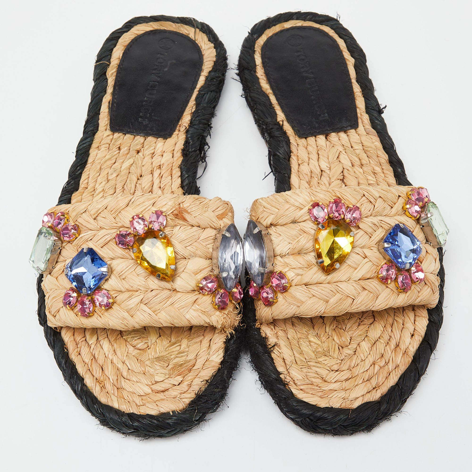 Tory Burch Beige Raffia Cristal Embellished Flat Slides Talla 36.5 Negro en venta