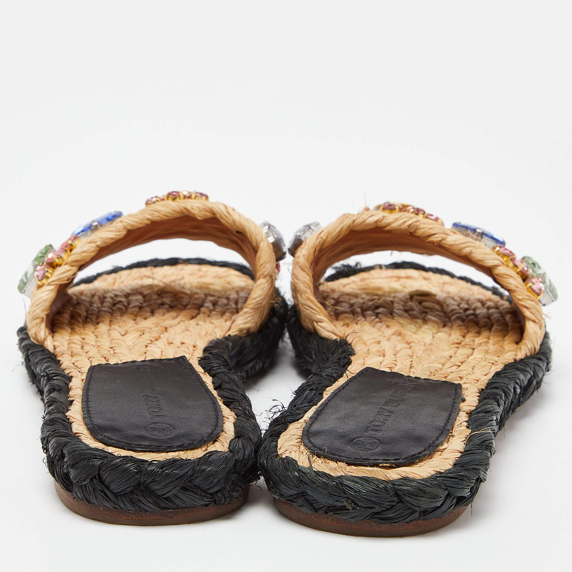 De las mujeres Tory Burch Beige Raffia Cristal Embellished Flat Slides Talla 36.5 en venta