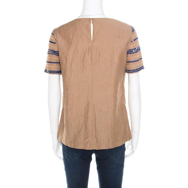 Tory Burch Beige Wooden Bead and Sequin Embellished Theresa Top S In Good Condition For Sale In Dubai, Al Qouz 2
