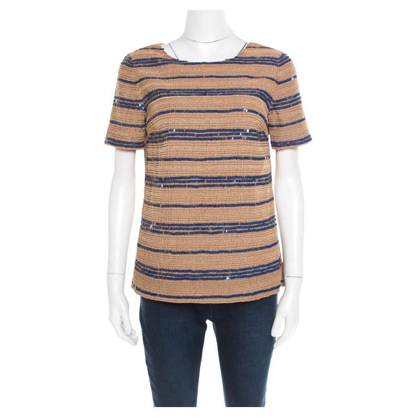 Tory Burch Beige Wooden Bead and Sequin Embellished Theresa Top S For Sale