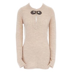 TORY BURCH beige wool alpaca leather buckle front long sweater top S US4 UK8