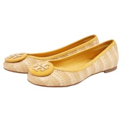 Tory Burch Beige/Yellow Raffia and Leather Reva Ballet Flats Size 35.5