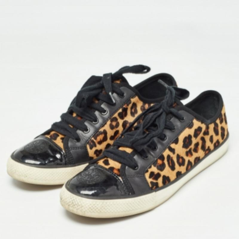 Tory Burch - Sneakers basse in pelle e pelo di vitello con stampa animale nera - misura 40,5 in vendita 2