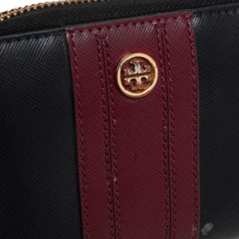 Tory Burch Schwarz/Burgundy Saffiano Leder-Brieftasche mit Reißverschluss oben im Angebot 1