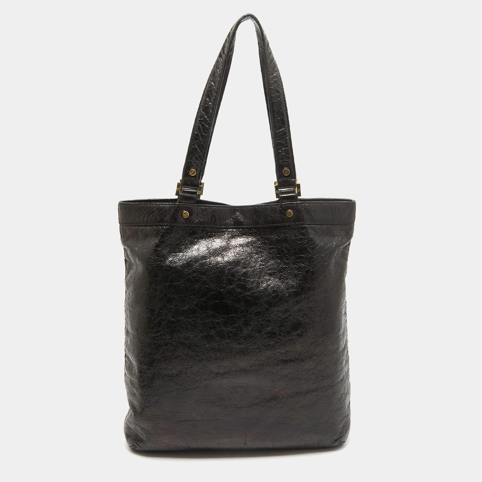 Women's Tory Burch Black Crinkled Patent Leather Embossed Tote