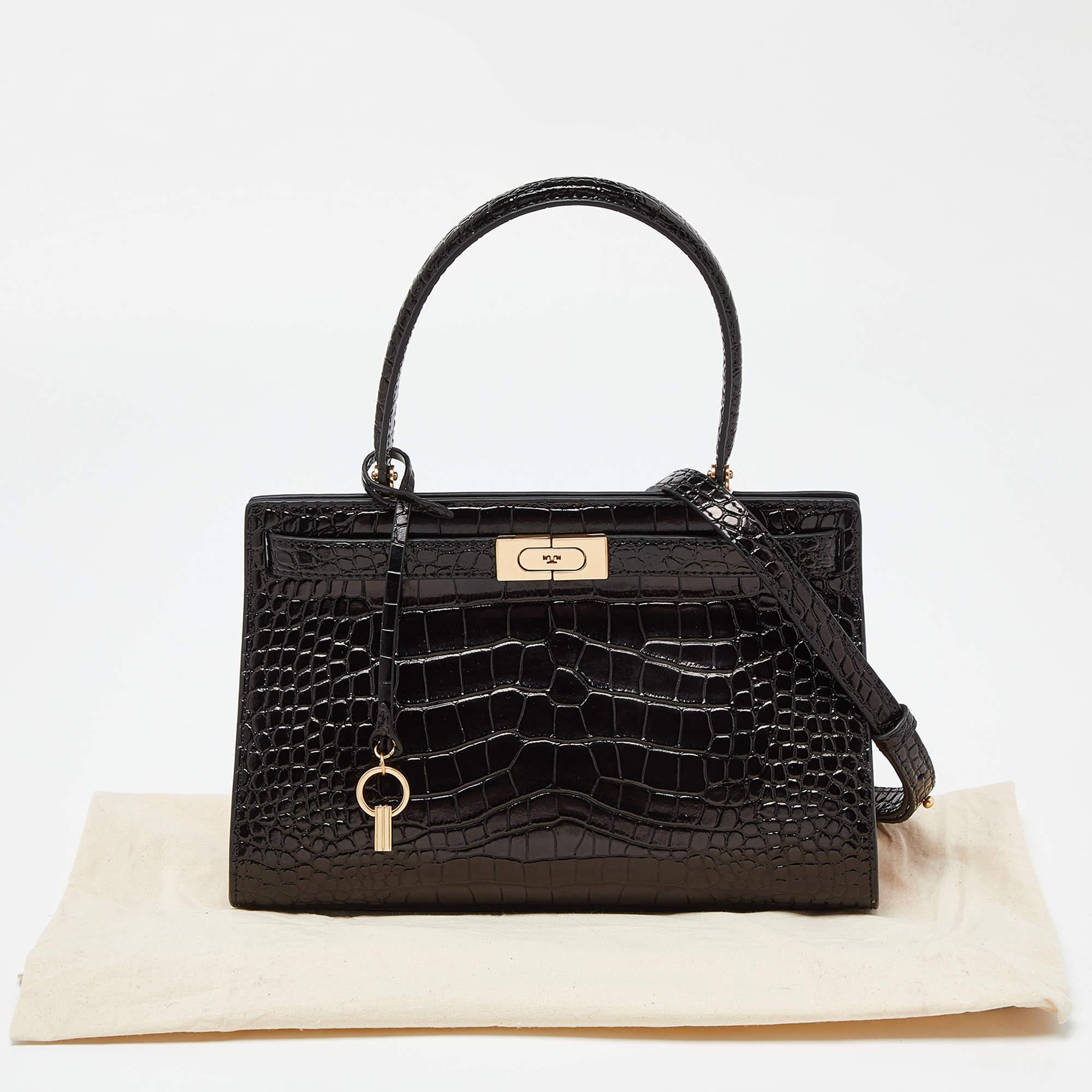 Tory Burch Black Croc Embossed Leather and Suede Small Lee Radziwill Bag 9