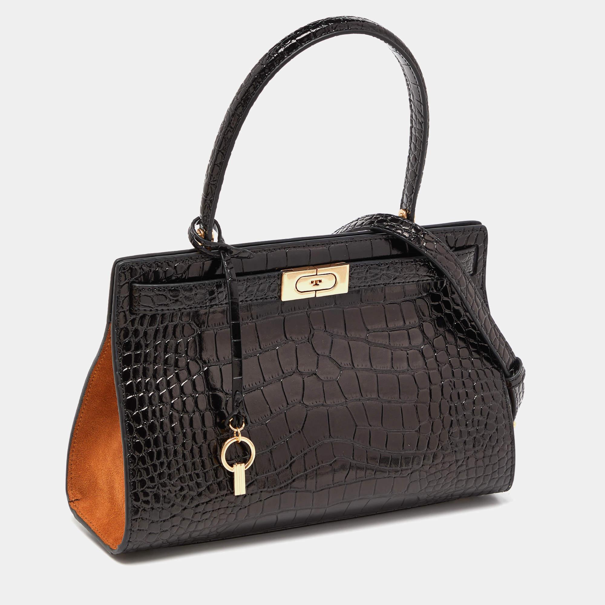 Tory Burch Black Croc Embossed Leather and Suede Small Lee Radziwill Bag In Excellent Condition In Dubai, Al Qouz 2