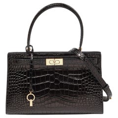 Tory Burch Black Croc Embossed Leather and Suede Small Lee Radziwill Sac