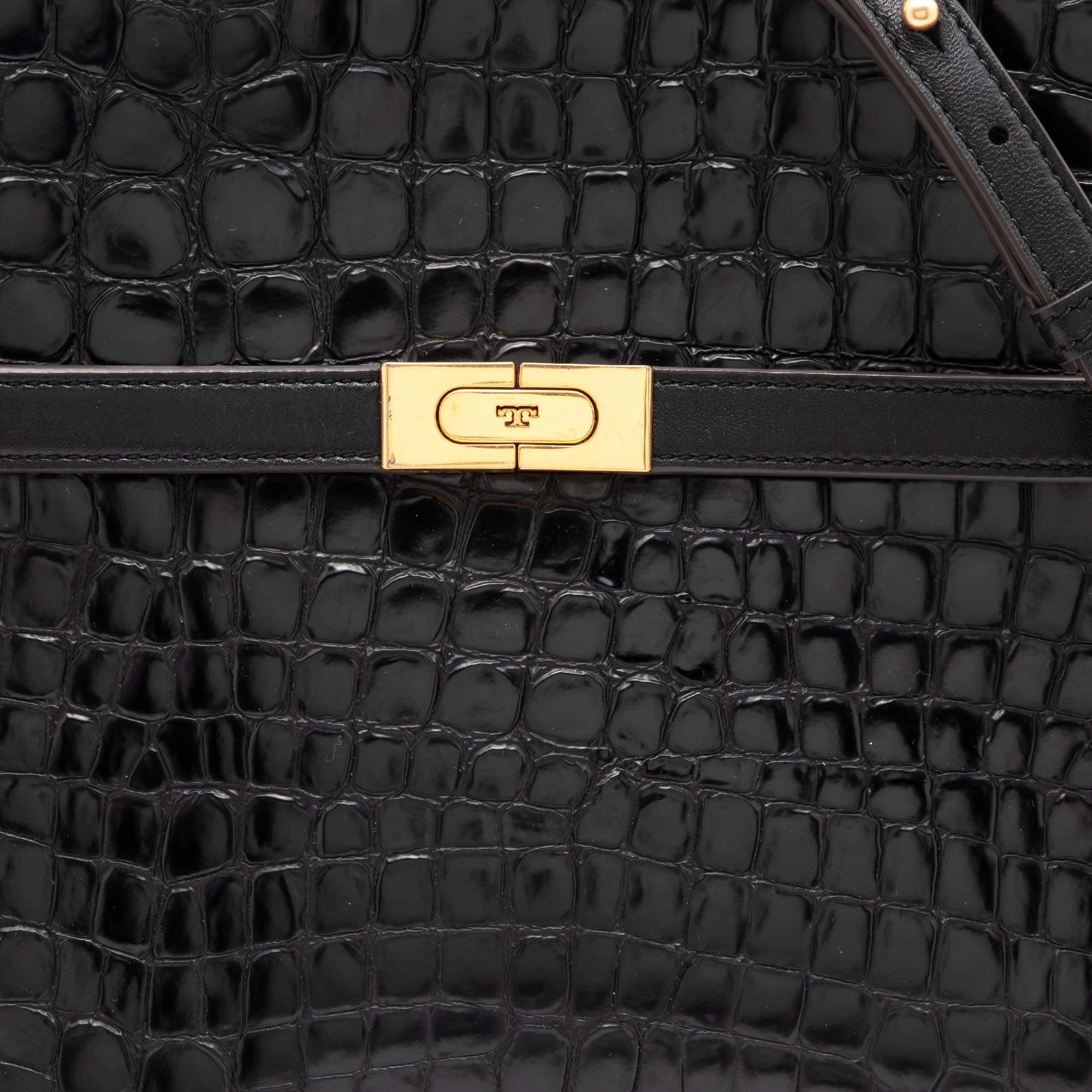 Tory Burch Black Croc Embossed Leather and Suede Small Lee Radziwill Double Bag 5