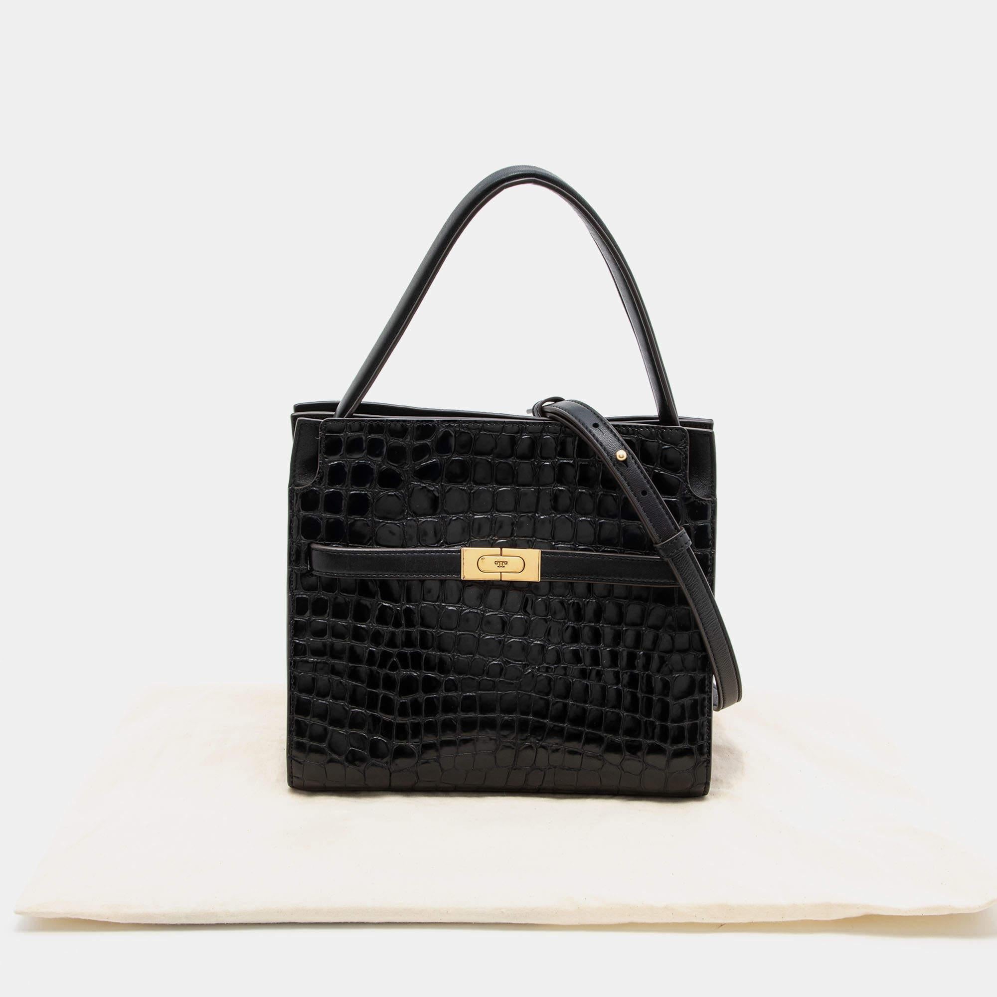 Tory Burch Black Croc Embossed Leather and Suede Small Lee Radziwill Double Bag In Good Condition In Dubai, Al Qouz 2