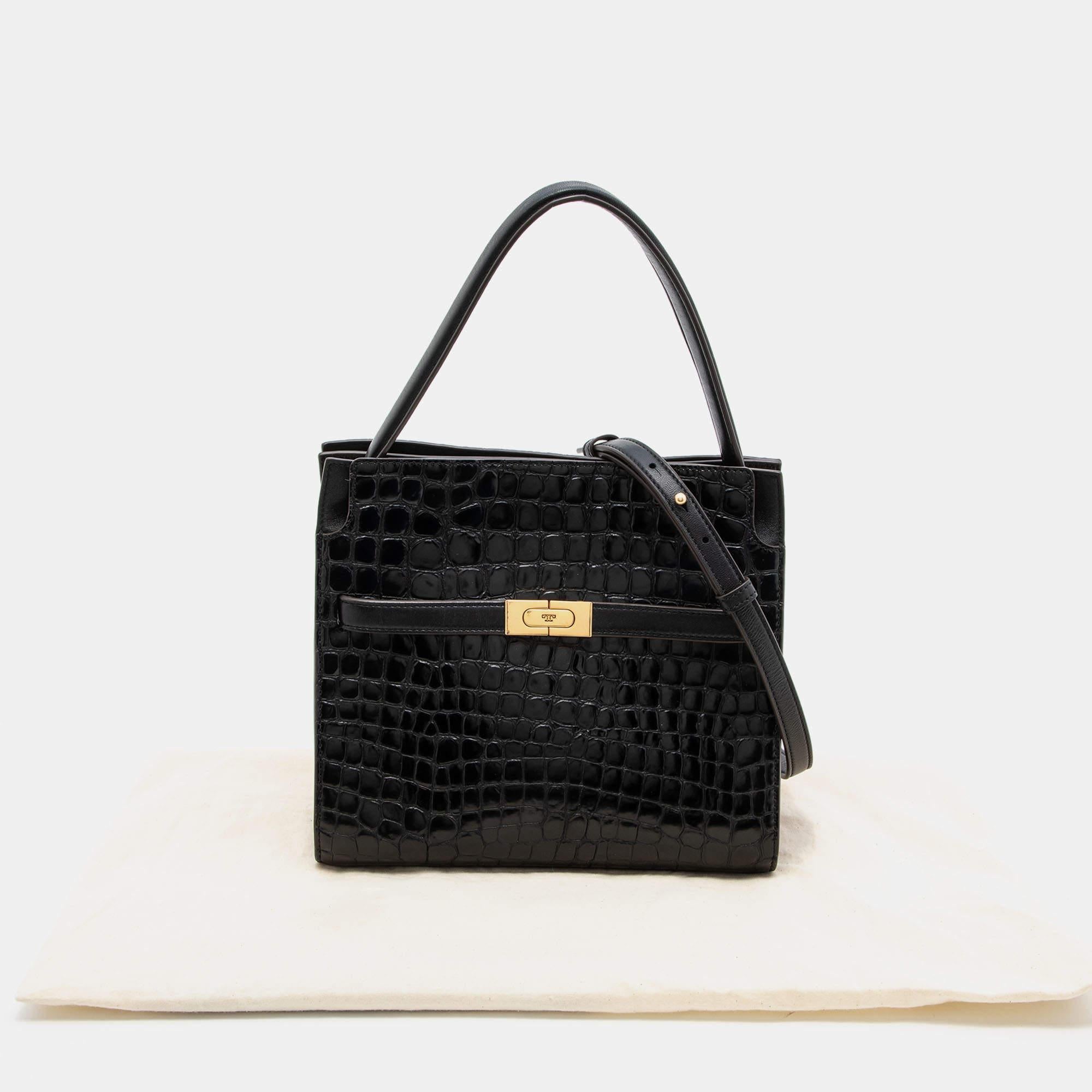 Tory Burch Schwarze Lee Radziwill Doppeltasche aus Leder und Wildleder mit Kroko-prägung 2