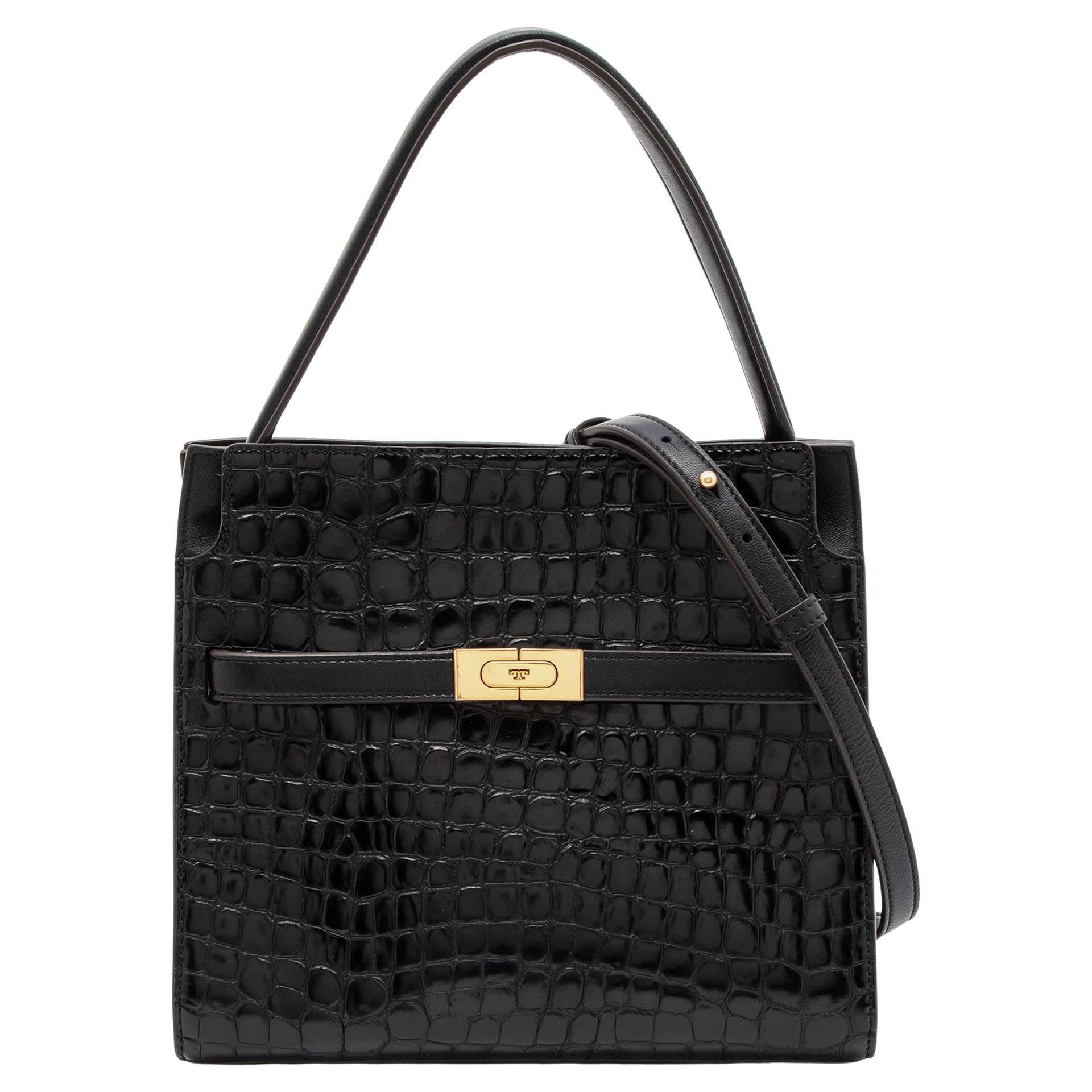 Tory Burch Black Croc Embossed Leather and Suede Small Lee Radziwill Double Bag