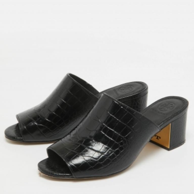 Tory Burch Mules en cuir noir gaufré Taille 36.5 en vente 3