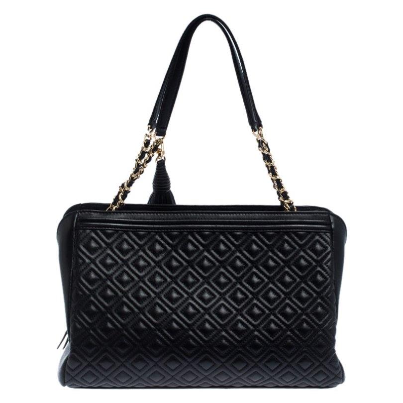 Tory Burch Black Diamond Quilted Leather Marion Tote For Sale at ...