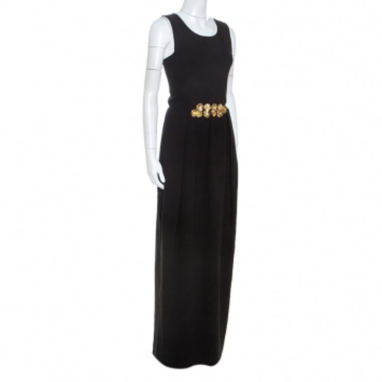 Noir Tory Burch Black Embellished Crepe Criss Cross Back Sleeveless Gown S en vente