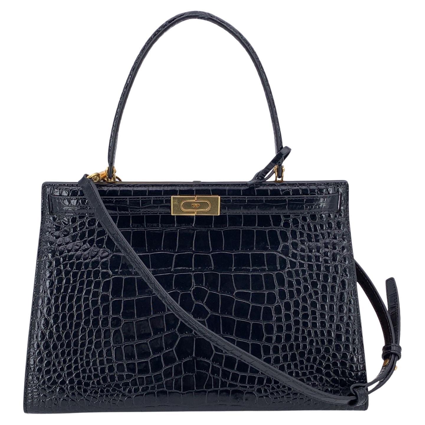 Tory Burch Schwarzes geprägtes Leder Lee Radziwill Satchel Tasche