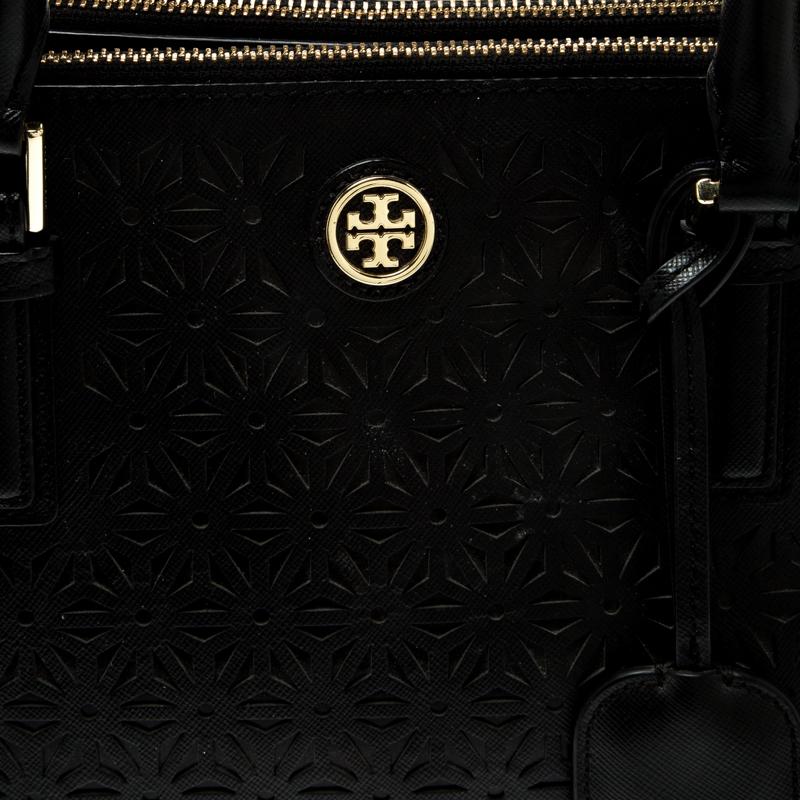 Tory Burch Black Floral Laser Cut Leather Double Zip Robinson Tote 3