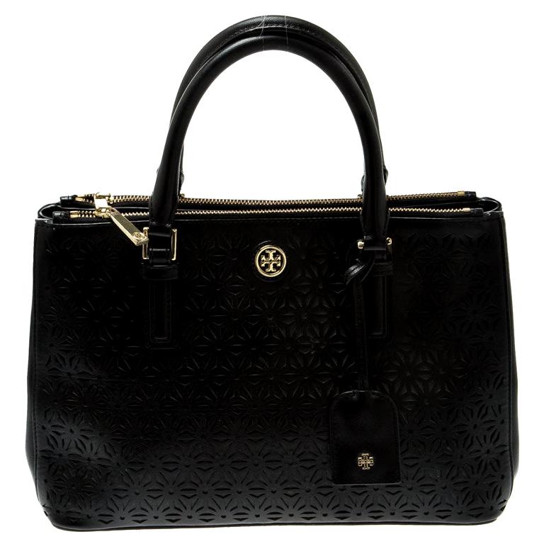 Tory Burch Black Floral Laser Cut Leather Double Zip Robinson Tote