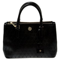 Tory Burch Black Floral Laser Cut Leather Double Zip Robinson Tote