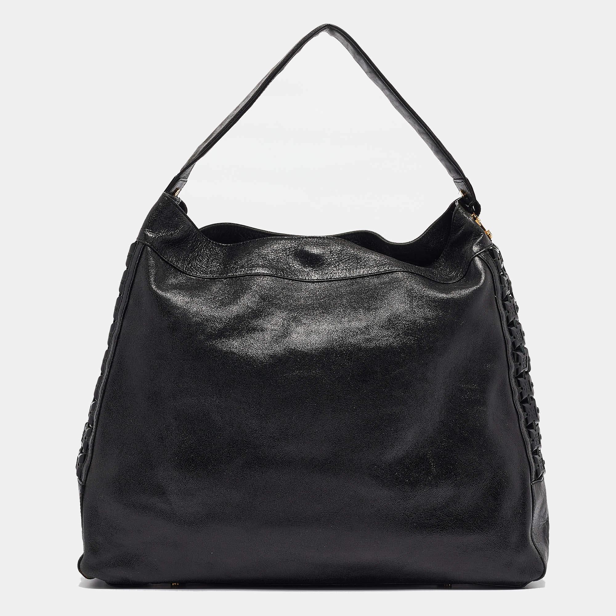 Women's Tory Burch Black Iridescent Leather Logo Detail Hobo