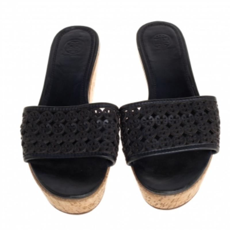 Women's Tory Burch Black Laser Cut Leather Slide Wedge Sandals Size 40.5 For Sale