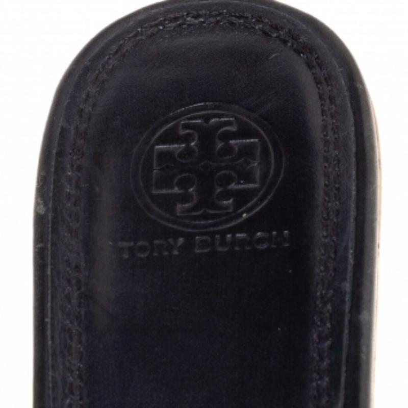Tory Burch Black Laser Cut Leather Slide Wedge Sandals Size 40.5 For Sale 1