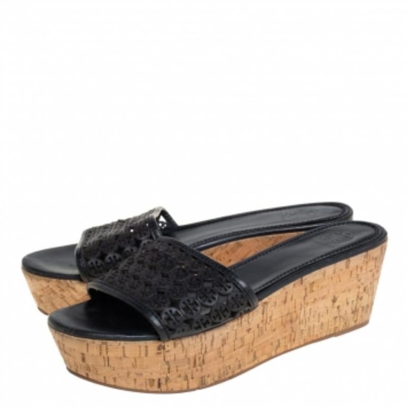 Tory Burch Black Laser Cut Leather Slide Wedge Sandals Size 40.5 For Sale 2