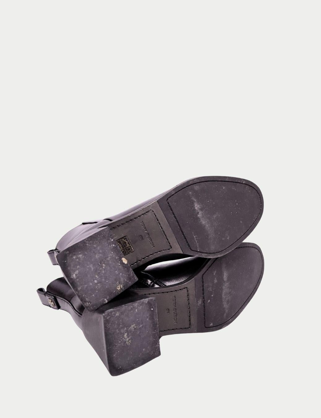 Tory Burch Black Leather Ankle Boots with Block Heel - EU 36 In Good Condition For Sale In Amman, JO