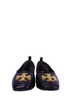 Tory Burch Black Leather Ballet Flats with Gold Logo - EU 37