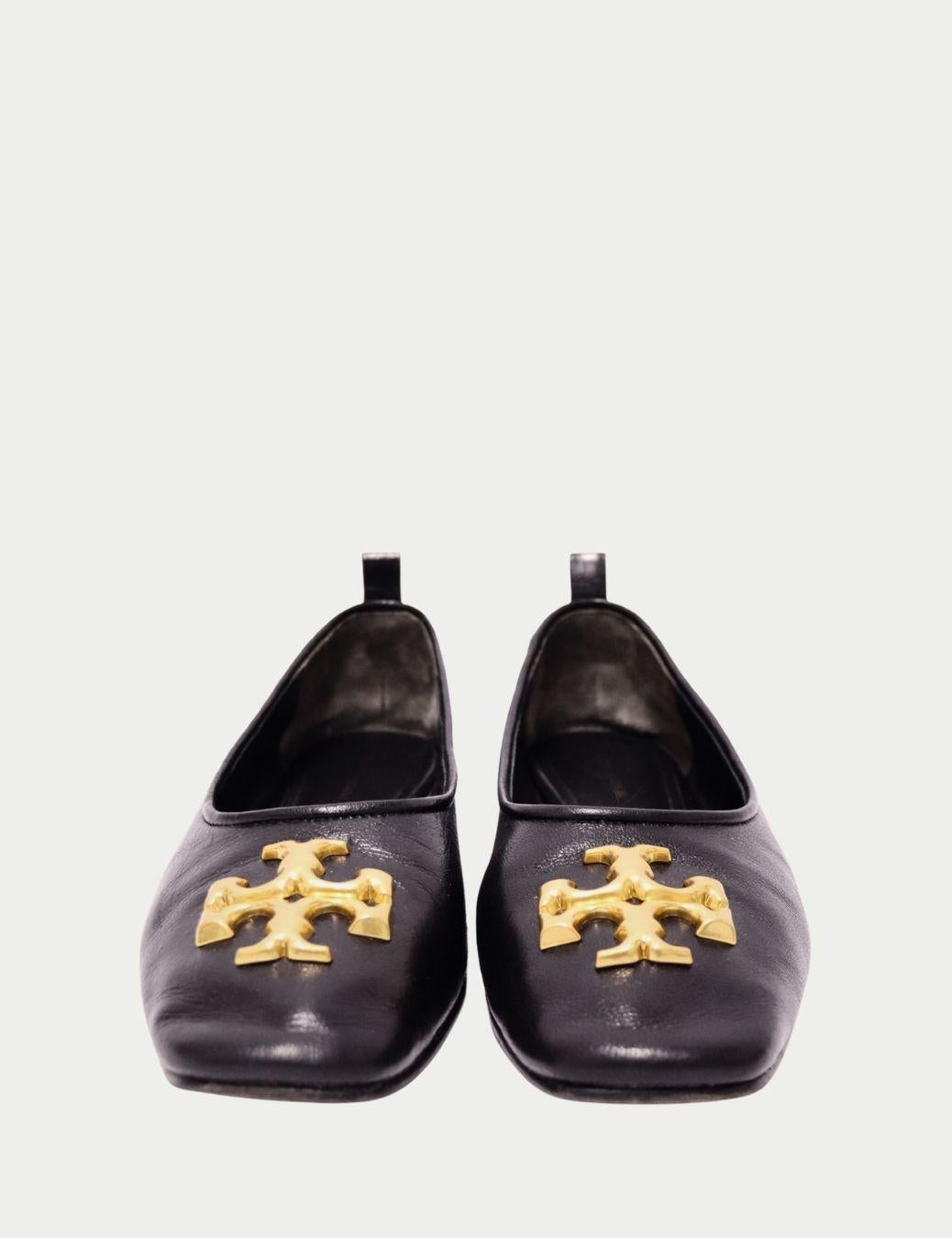 Tory Burch Black Leather Ballet Flats with Gold Logo - EU 38 Damen im Angebot