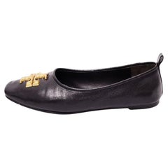 Tory Burch Black Leather Ballet Flats with Gold Logo - EU 38
