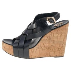 Tory Burch Black Leather Cork Wedge Strappy Platform Sandals Size 38