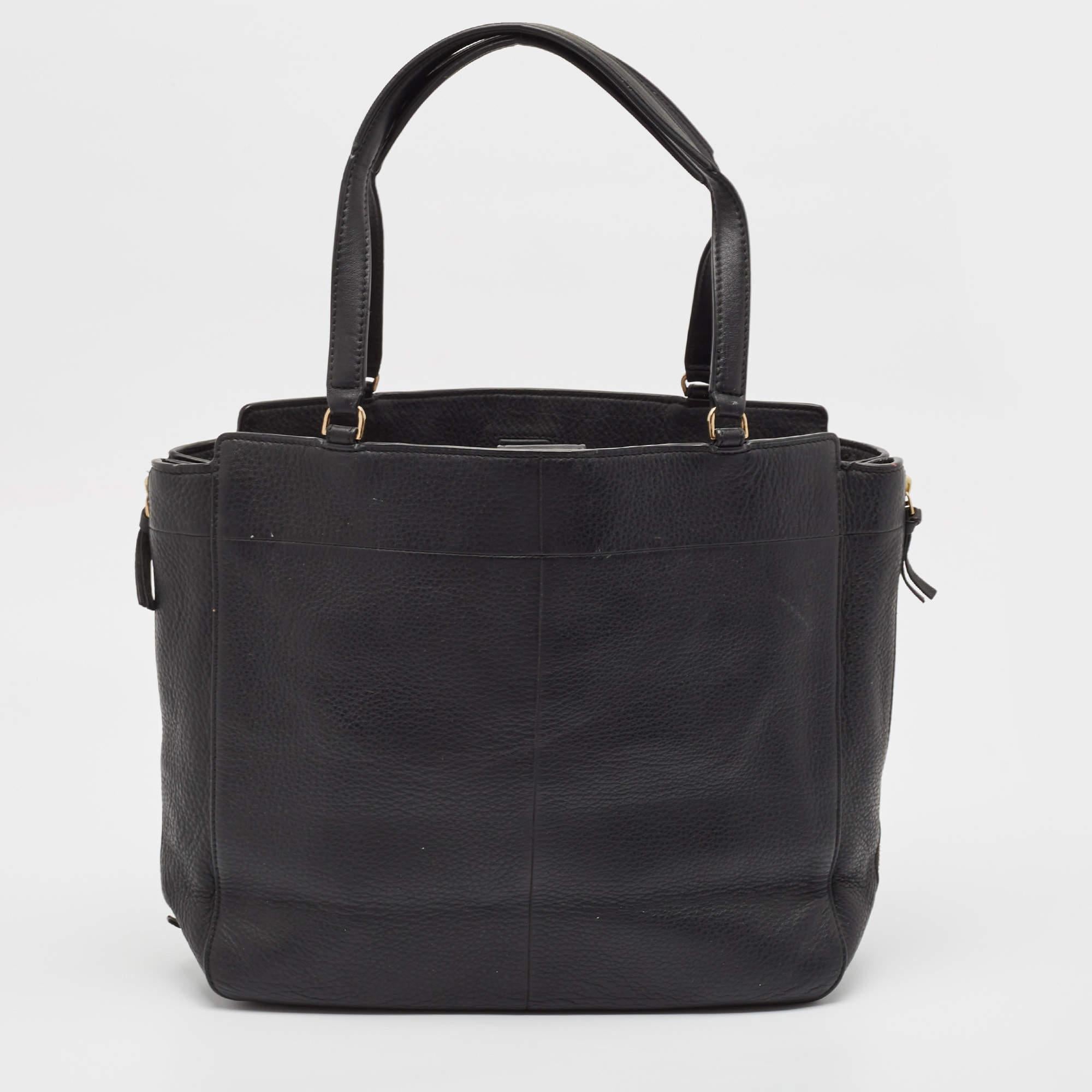 Women's Tory Burch Black Leather Ivy Side Zip Tote For Sale