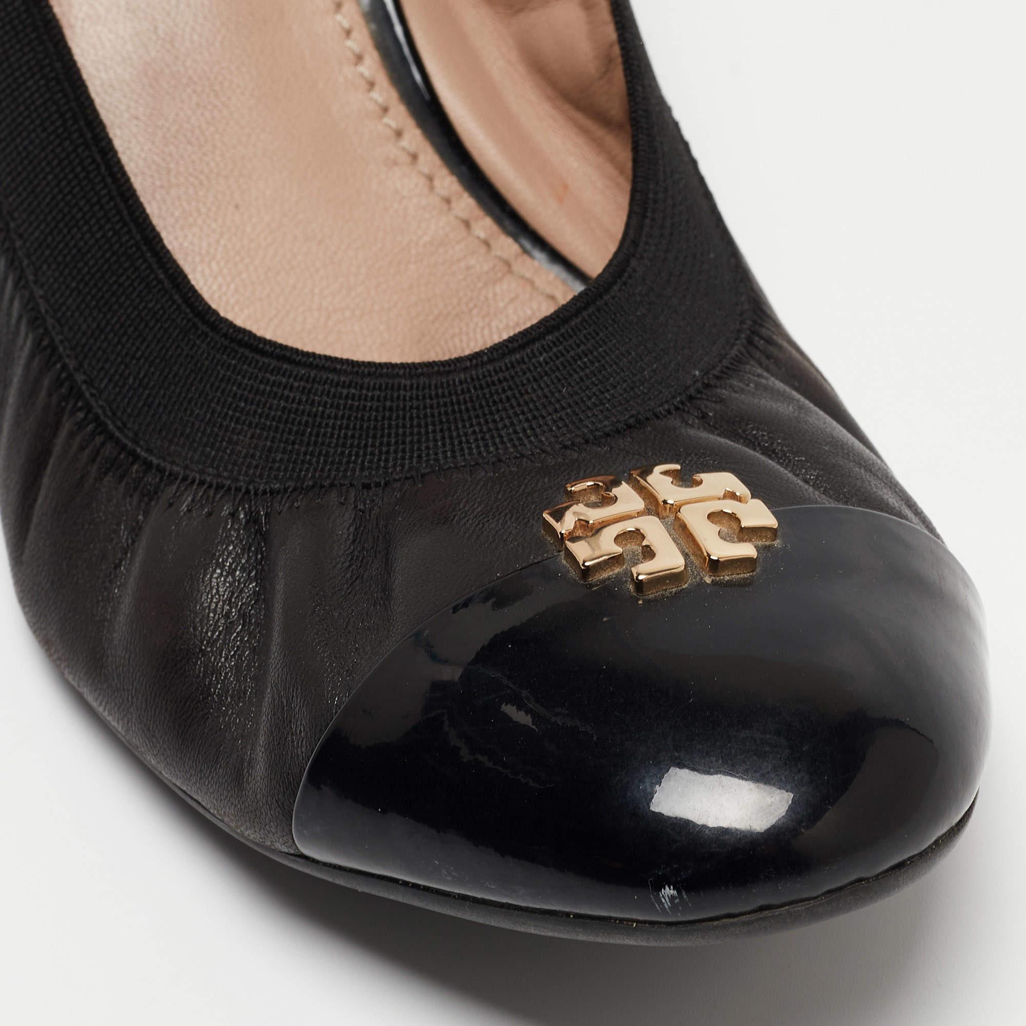 Tory Burch Black Leather Jolie Wedge Cap Toe Pumps Size 40 For Sale 4