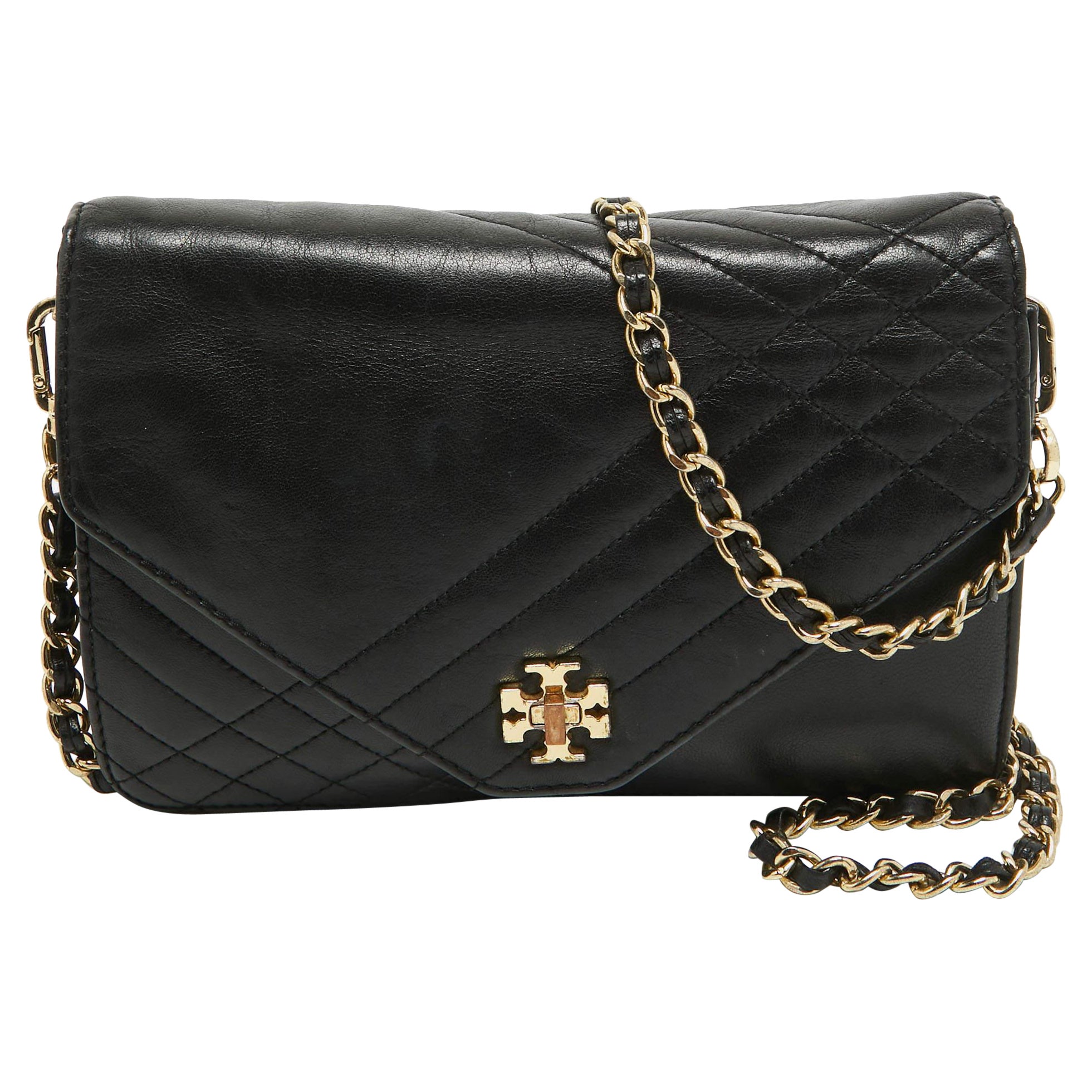 Tory Burch Black Leather Kira Envelope Flap Chain Bag