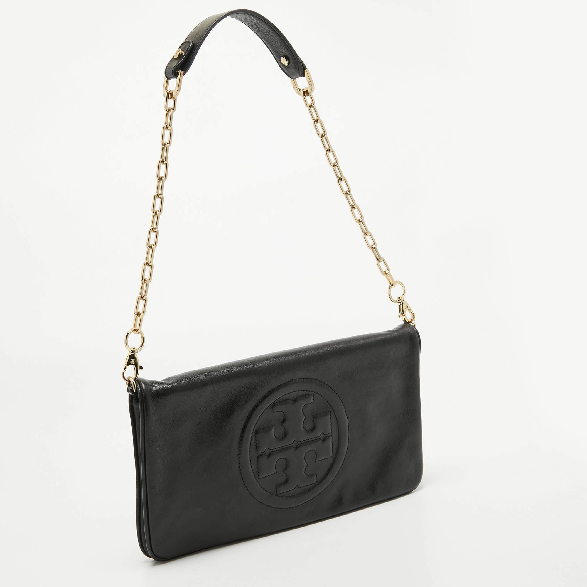 Tory Burch Black Leather Reva Chain Flap Bag In Excellent Condition In Dubai, Al Qouz 2