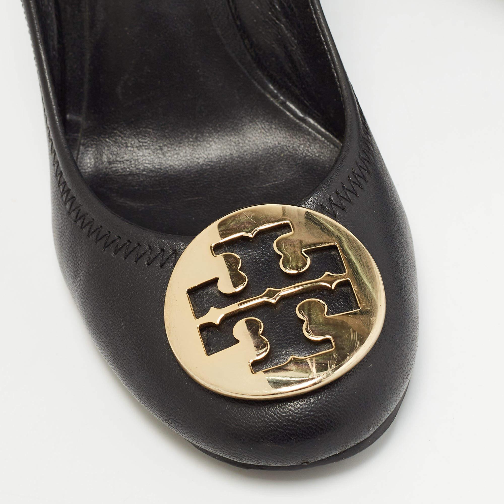Tory Burch Black Leather Sally Wedge Pumps Size 37.5 For Sale 3