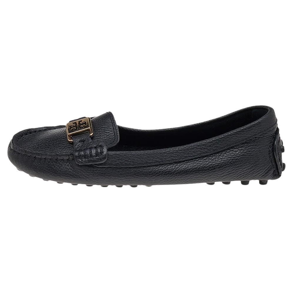 Tory Burch Black Leather Slip On Loafers Size 38 For Sale