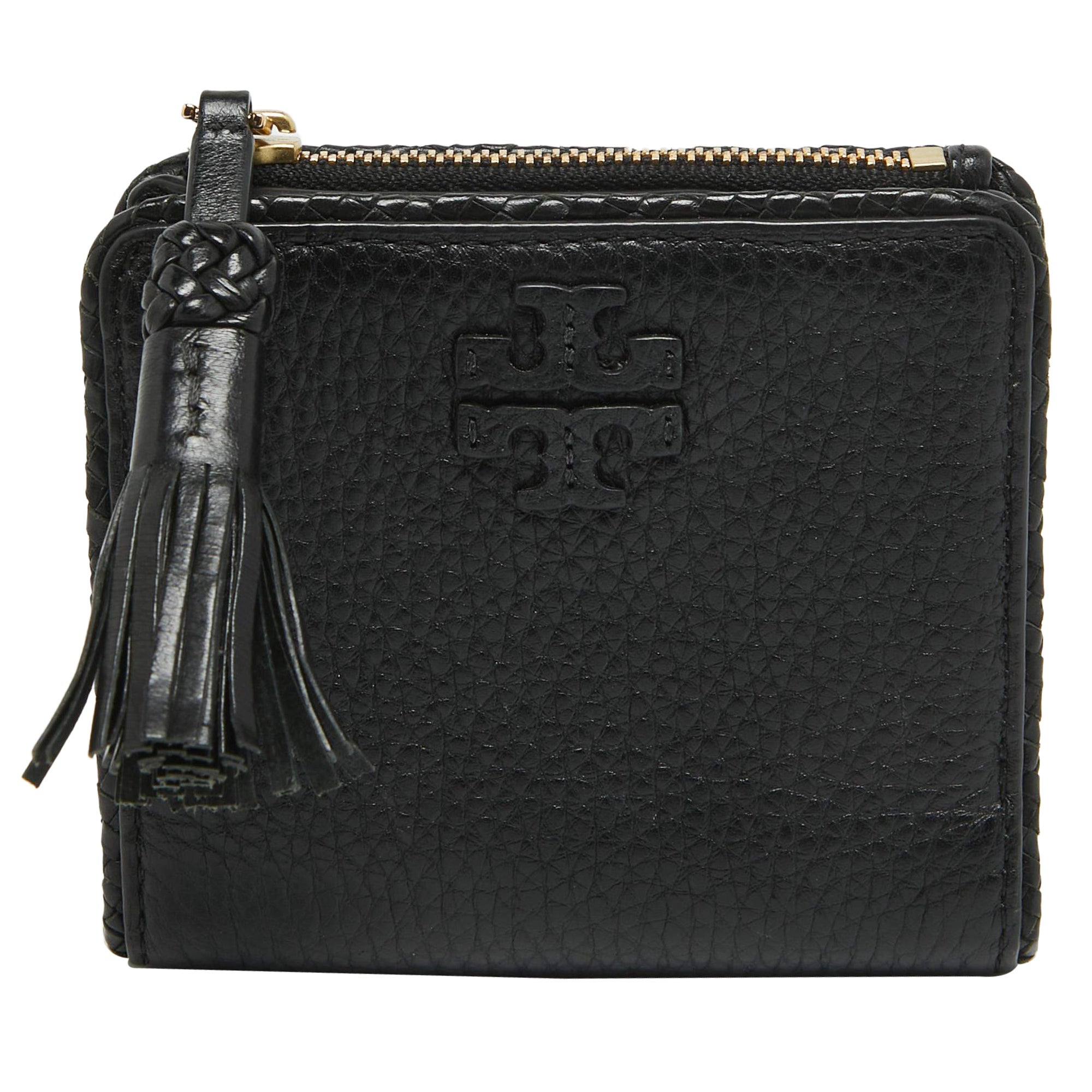 Tory Burch Schwarzes Leder Taylor Bifold Kompaktes, kompaktes Portemonnaie