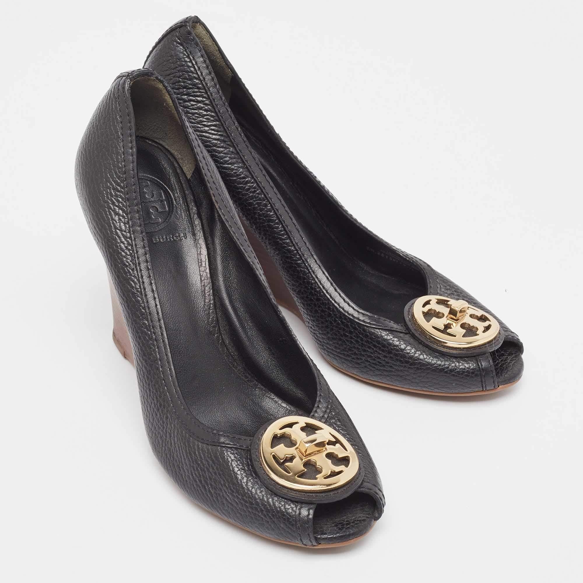 Women's Tory Burch Black Leather Wedge  Pumps Size 38