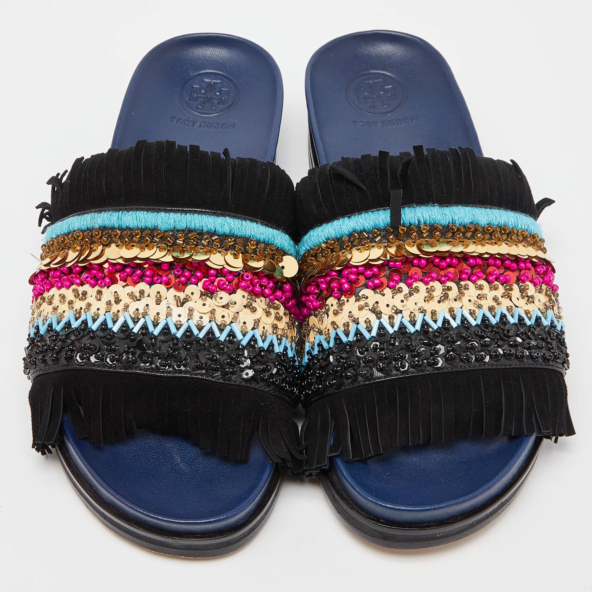 Tory Burch Black/Navy Blue Leather Embellished Isle Sildes Size 37.5 In Excellent Condition In Dubai, Al Qouz 2