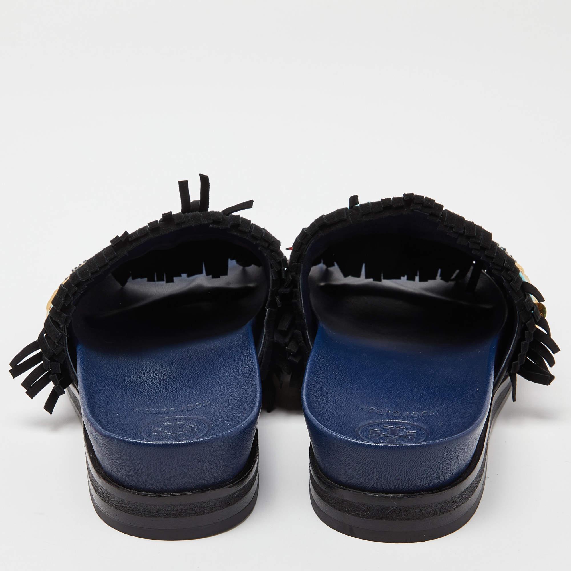 Tory Burch Black/Navy Blue Leather Embellished Isle Sildes Size 37.5 1