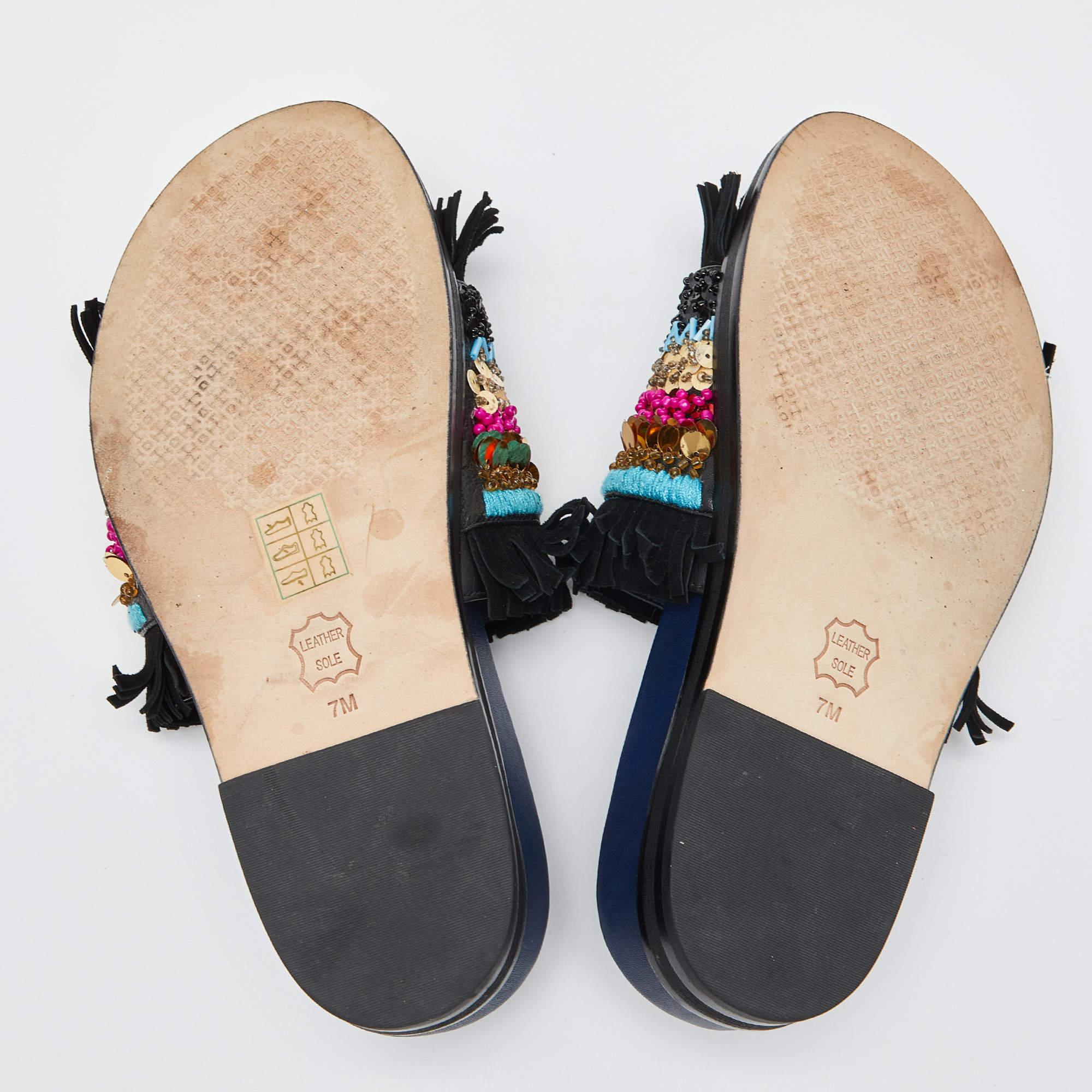 Tory Burch Black/Navy Blue Leather Embellished Isle Sildes Size 37.5 2