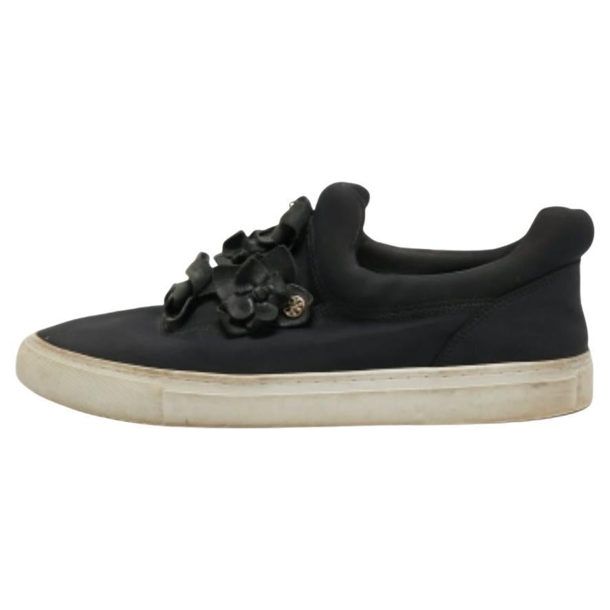 Tory Burch - Scarpe da ginnastica in pelle e neoprene nero con fiori applicati - misura 40,5