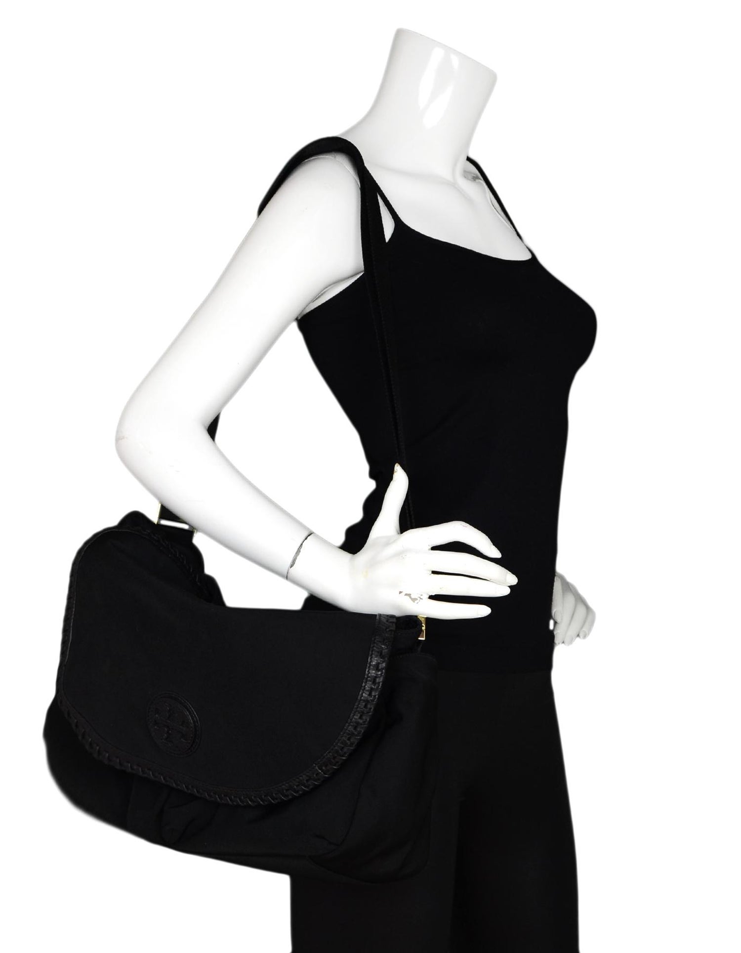 Tory Burch Black Nylon Leather Whipstitch Trim Marion Diaper Bag W Changing Pad For Sale At 1stdibs